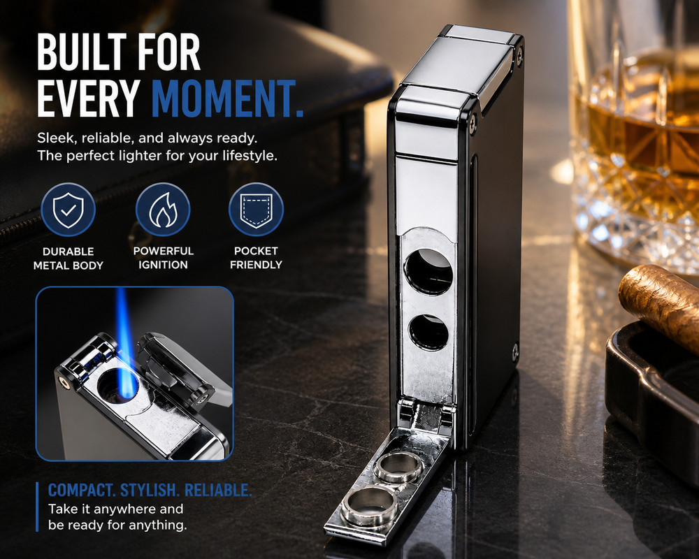 Compact Windproof Torch Lighter Dual Cigar Punch Metal Refillable