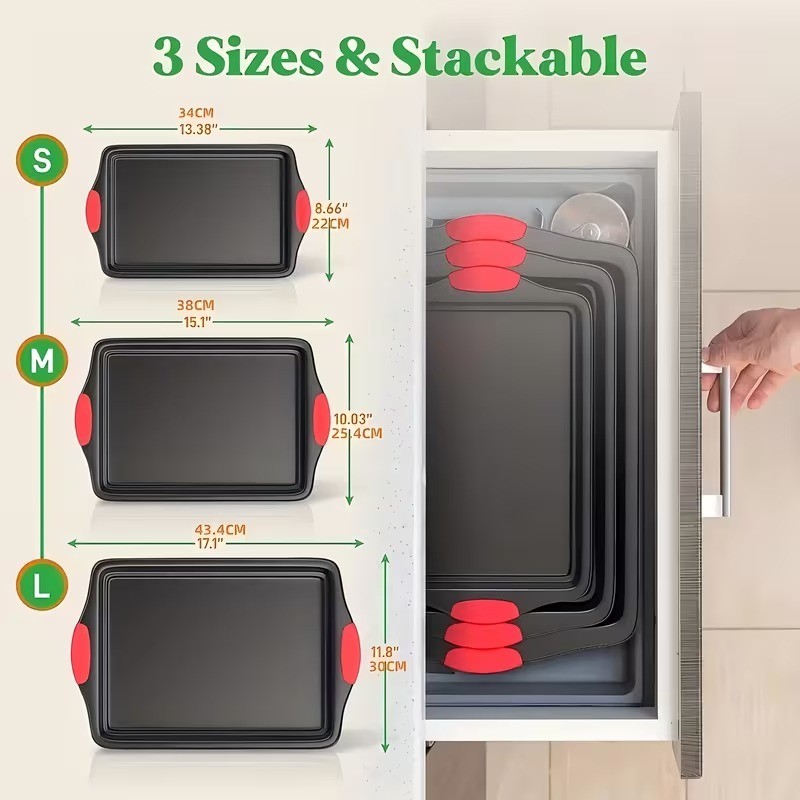 3PCS Kitchen Oven Baking Pans Nonstick Baking Sheets Set Metal Bakeware