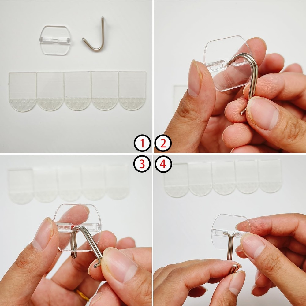 20 Small Hooks+25 Strips, Clear Wire Utility Hooks with Removable Strips Dama...