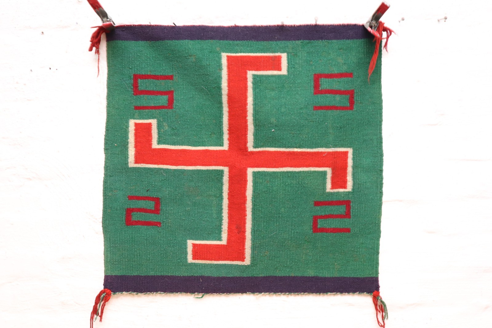 Antique Navajo Germantown Weaving Rug Pictorial Textile 23x22" VTG Whirling LOG