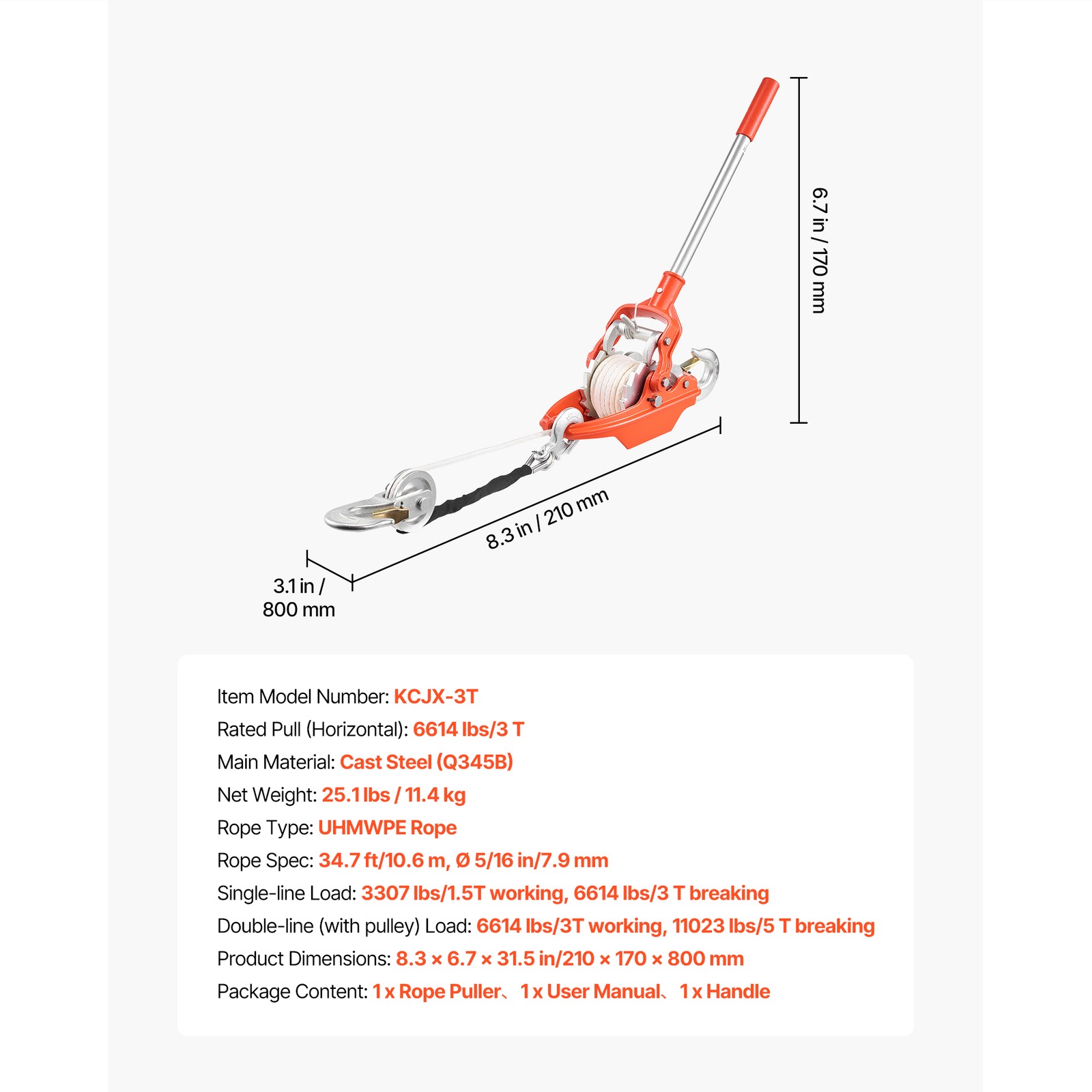 Uimoso Heavy-Duty Rope Puller with 6614 lbs Capacity and 35 ft Durable Rope
