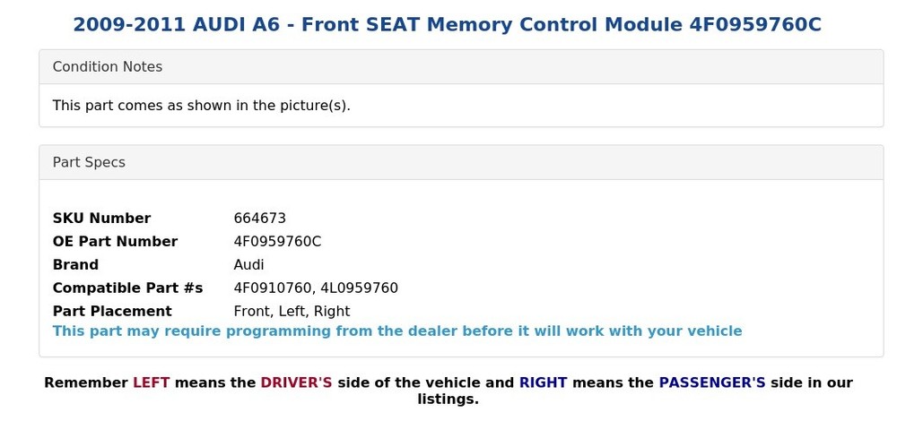 2009-2011 AUDI A6 - Front SEAT Memory Control Module 4F0959760C
