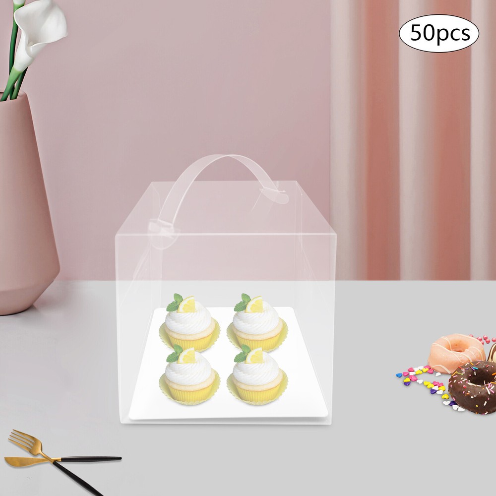 50 Count Clear Cake Boxes Set - Square Design with Sturdy Handle