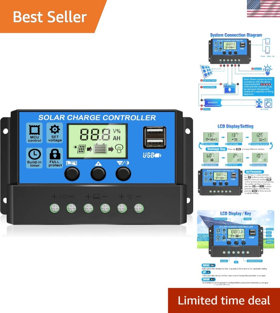Efficient 12V/24V PWM Solar Regulator with Adjustable LCD & Dual USB Charging