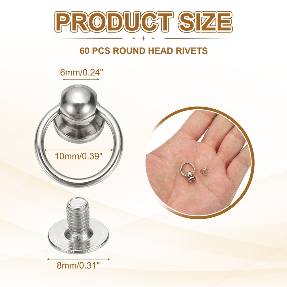 60 Pcs 0.31" Screwback Round Head Rivet with Single Ring ,White