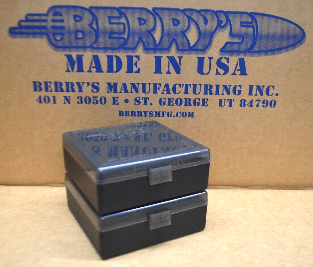 (2) 357 / 38 BERRY AMMO BOXES 100 ROUND STORAGE & RELOADING (SMOKE / BLACK) NEW