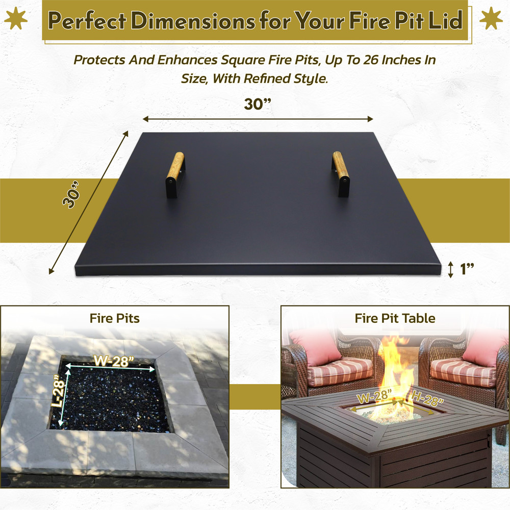 FEBTECH 30" Square Fire Pit Snuffer Lid for 28" FirePit with Wooden Handles
