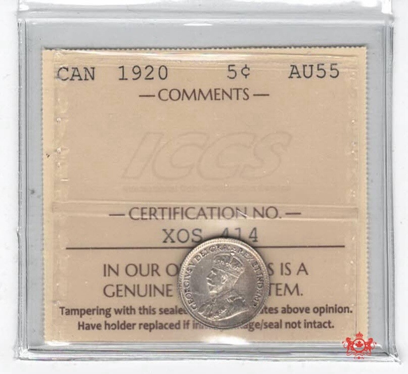 1920 Canada 5 Cents - ICCS AU55 - XOS 414