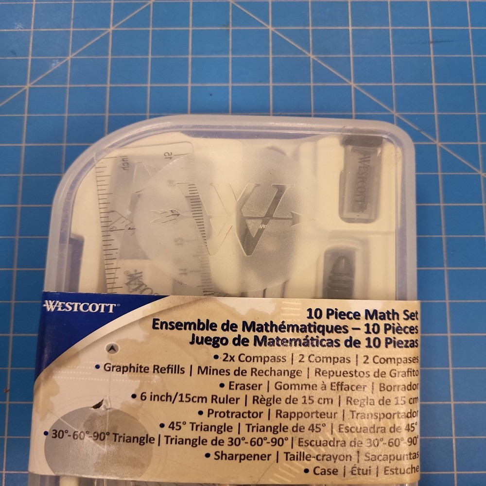 Westcott 10 Piece Math Set Compass Protractor Ruler Triangle School Geometry Kit
