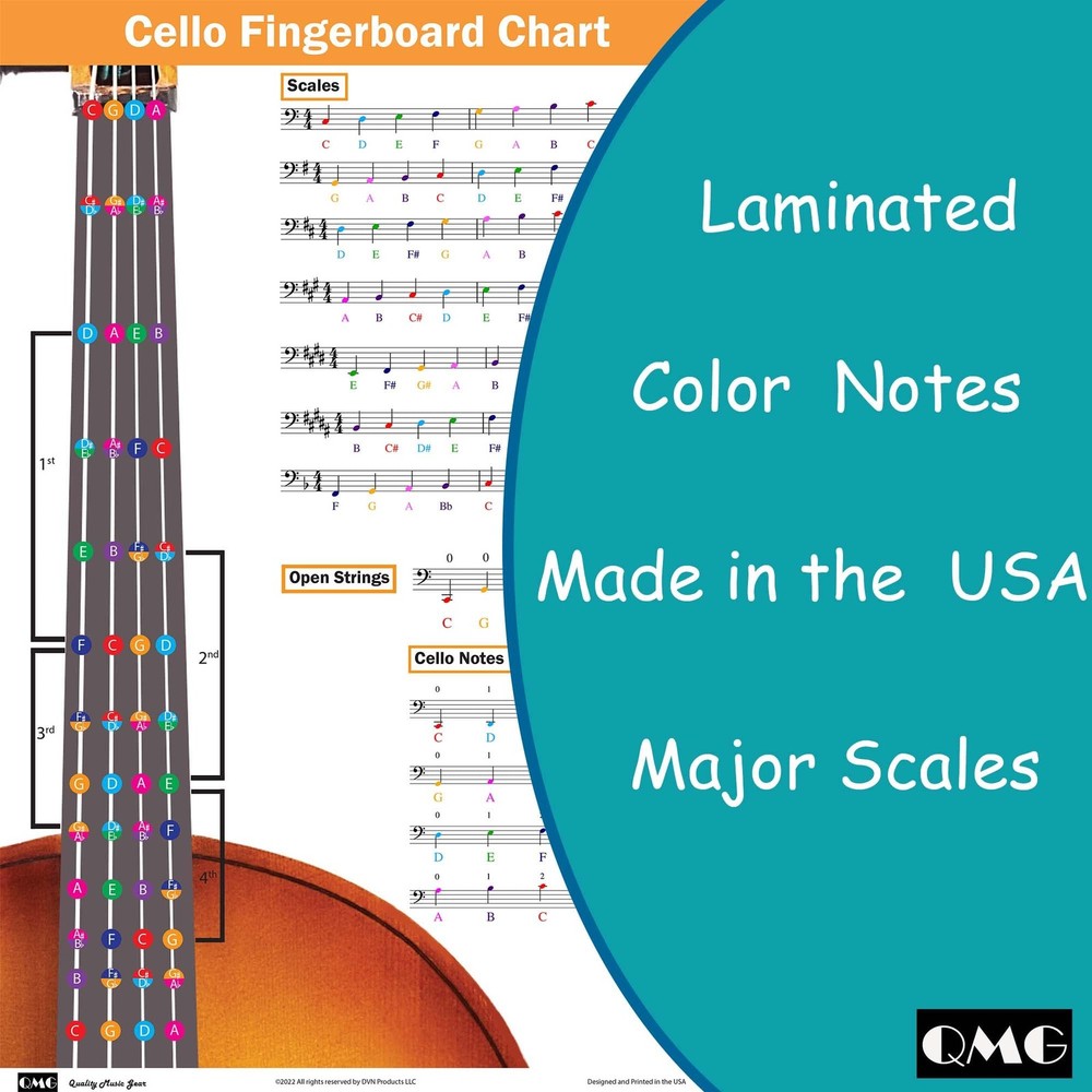 QMG Cello Fingering Chart with Color-Coded Notes, Scales 11x17, Silver