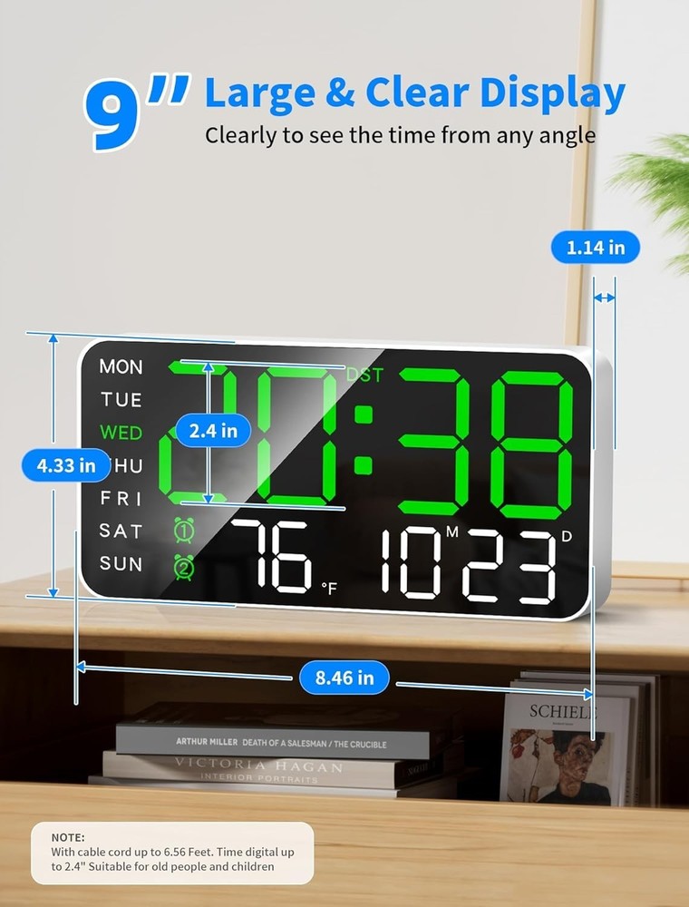 8.4''Large Digital Wall Clock, Led Alarm Clock with Big Digits, Date, Tempera...