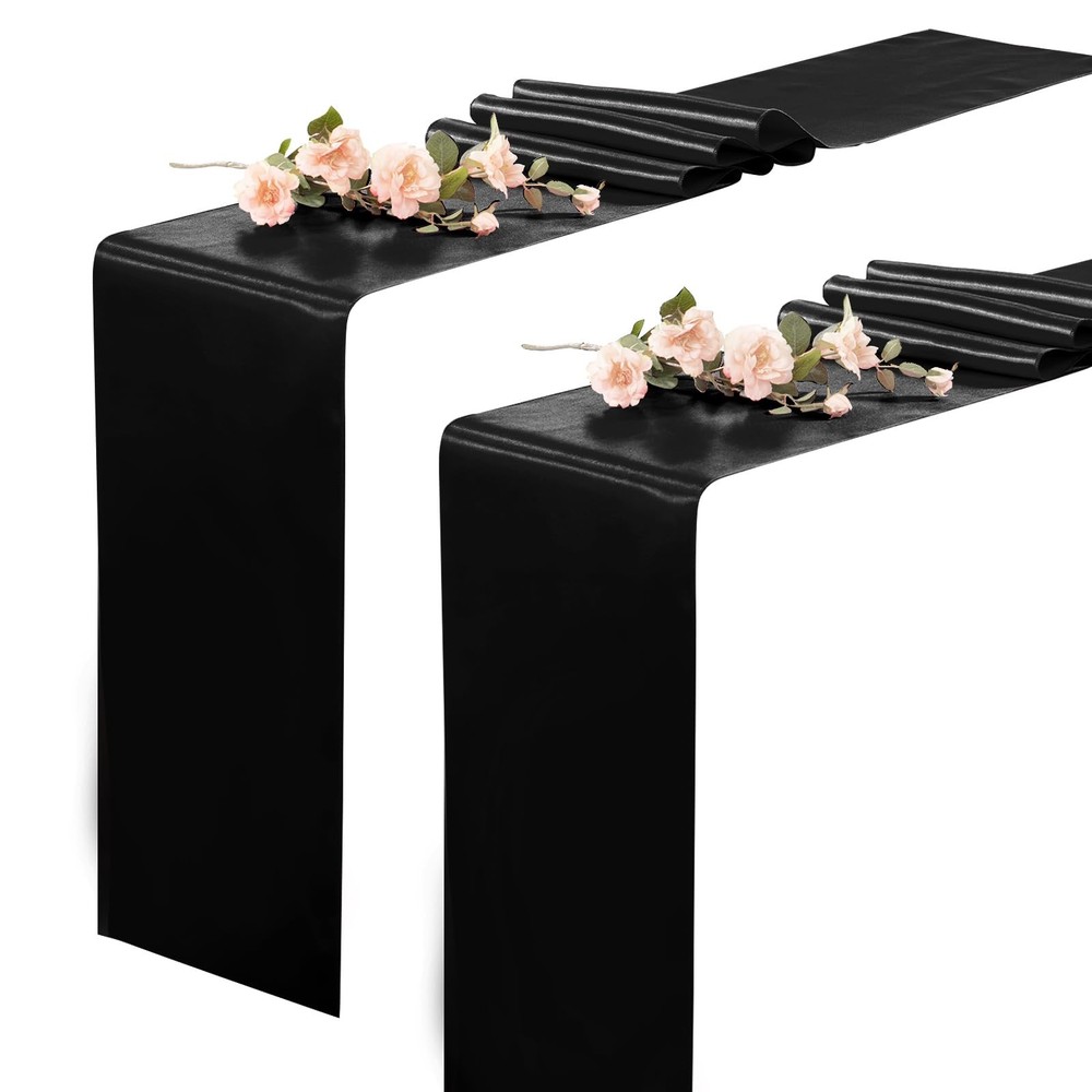 2 Pack 12x108 Inch Black Rectangular Smooth Satin Silk Table Runner for Wedding