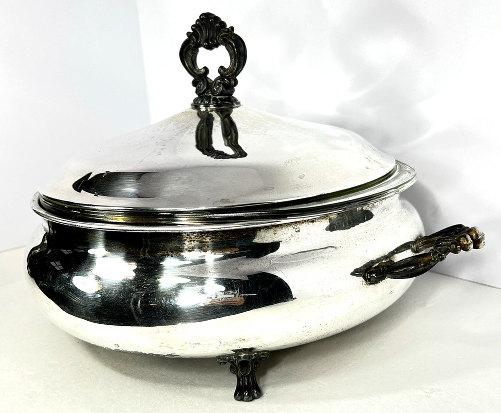 VTG Rogers Silverplate Footed Lidded Casserole Dish & 3.5QT Pyrex Glass Insert