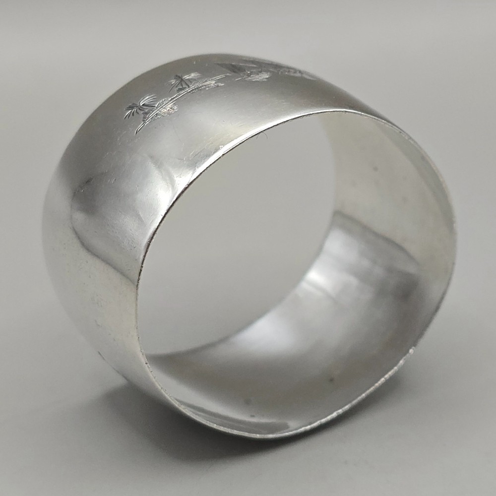 Antique Solid Silver Napkin Ring Engraved Landscape Scene