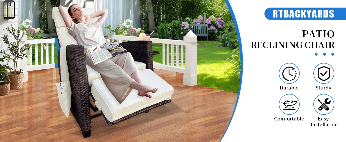 Outdoor Recliner, Patio Recliner Chair with Flip-up Table, Adjustable Backrest