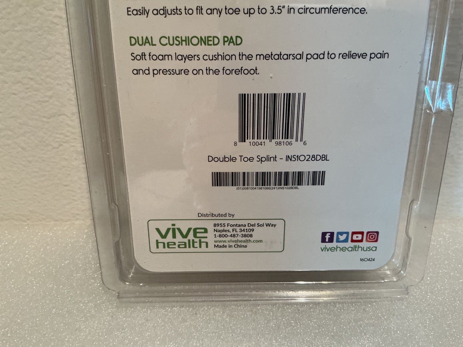 VIVESOLE Toe Splint 2-Pack ~ Fits toes 1" -3.5" in circumference ~ NIP