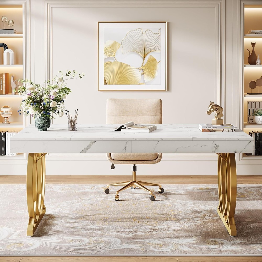 63-Inch Rectangular Executive Desk, Modern Office Computer Desk with Gold Legs