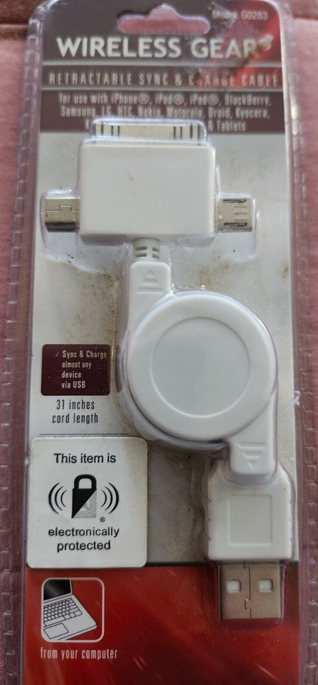 WIRELESS GEAR RETRACTABLE SYNC & CHARGE CABLE Model: G0283 WHITE- 31" CORD