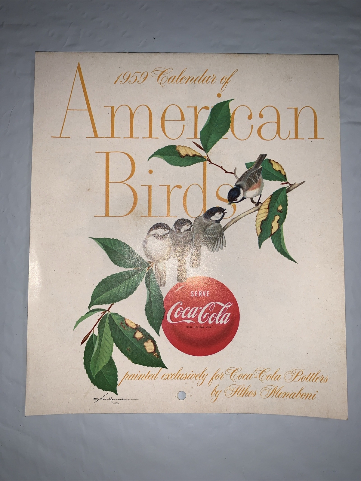 Original 1959 Coca Cola Calendar of American Birds 7 x 12” by ATHOS MENABONIL