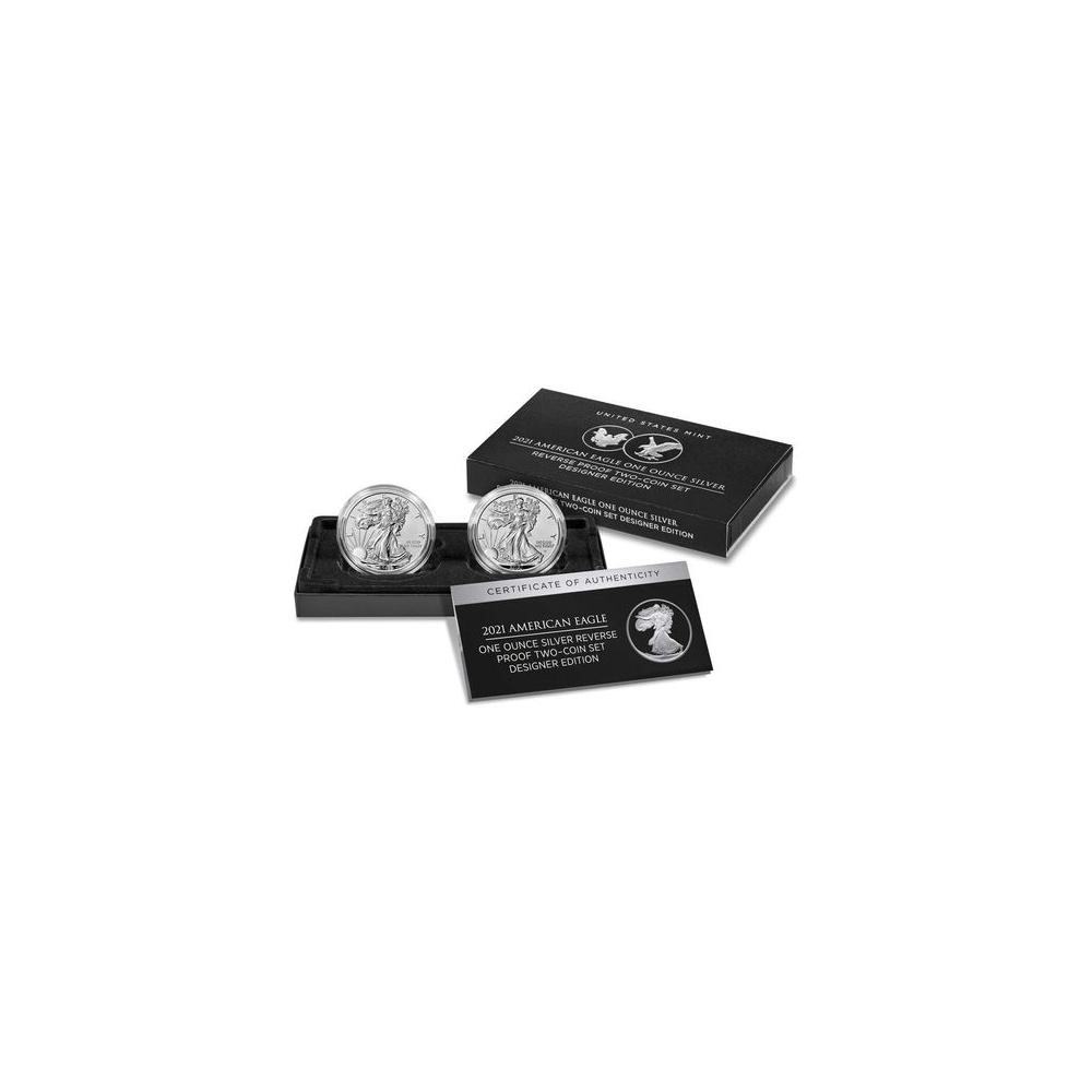 2pc Set - 2021 $1 1-oz American Silver Eagle Reverse Proof Designer Edition w...