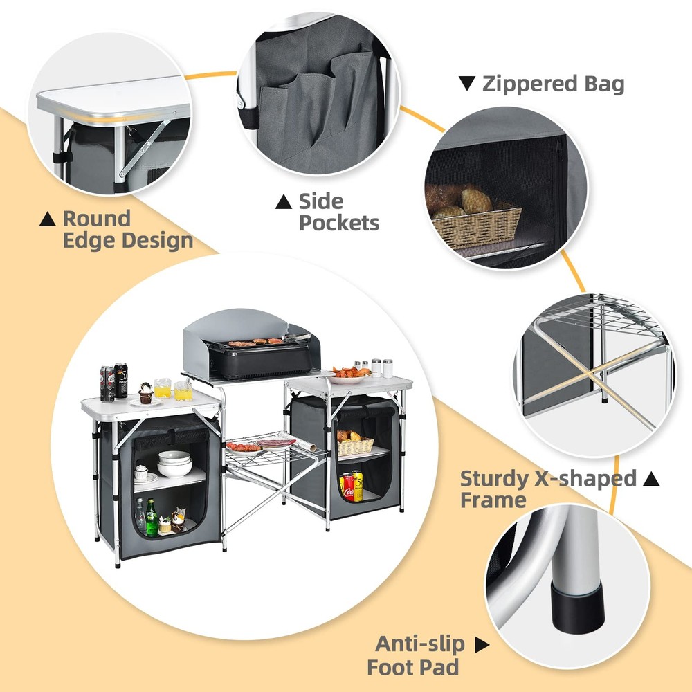 Camping Kitchen Station, Folding Grill Table with 26'' Tabletop, 2 Side Table...