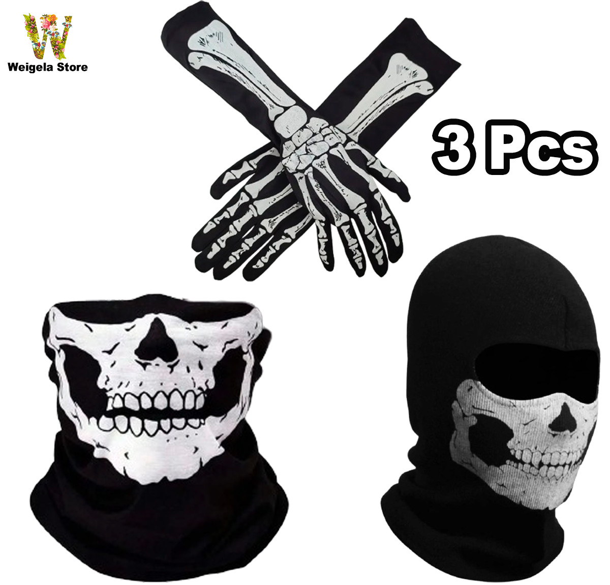 Skull Balaclava,Skeleton Gloves & Face Mask Motorcycle Tactical/Bikers Skull Set