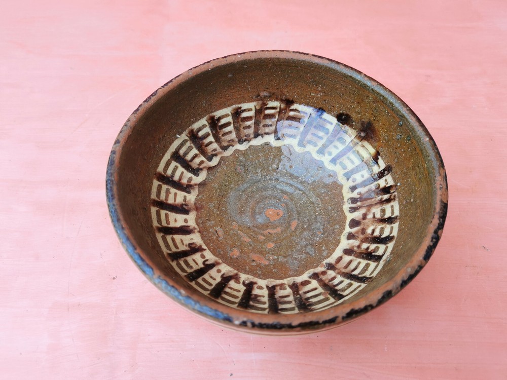 OLD ANTIQUE PRIMITIVE REDWARE GLAZED ROUND BOWL PLATE