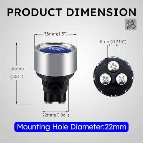 Blue Start Engine Button 12V 24V DC 50A 3 Pin Spst On-Off Push Button Light