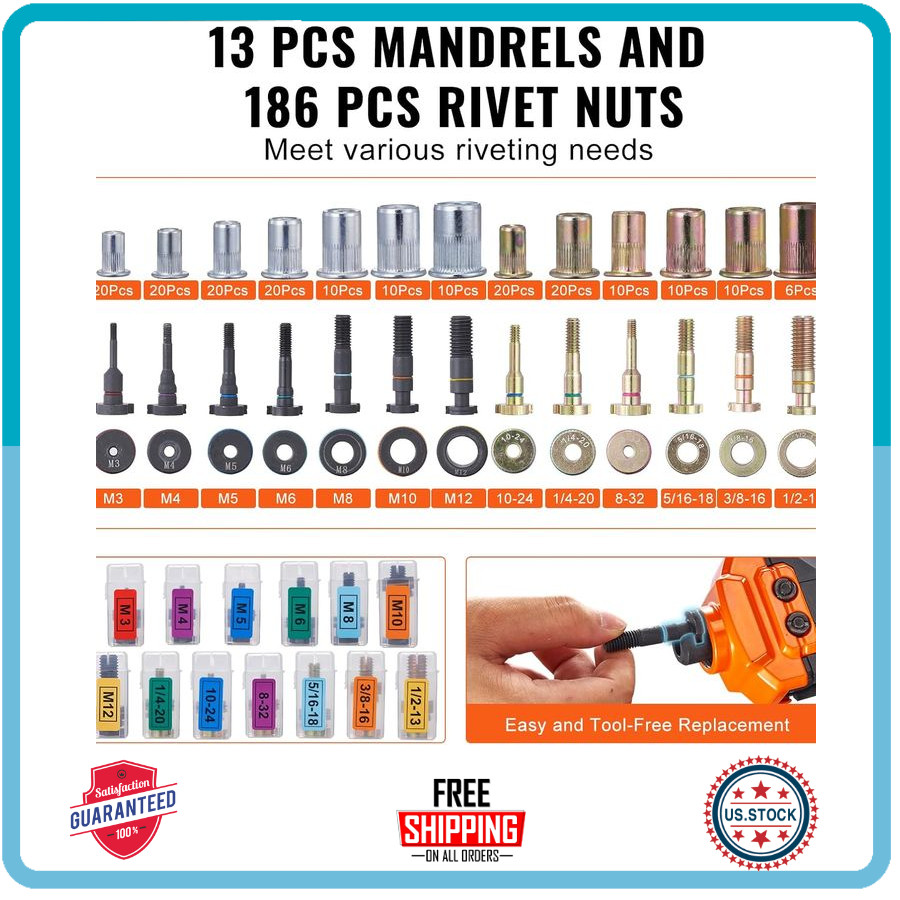 Rivet Nut Tool 16" Set with 13PCS Metric & SAE Mandrels 186 Rivnuts Case