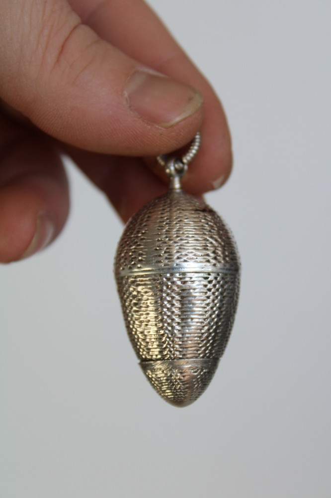 Antique Egg Sterling Silver Chatelaine Thimble Holder & Thimble / Pomander ?