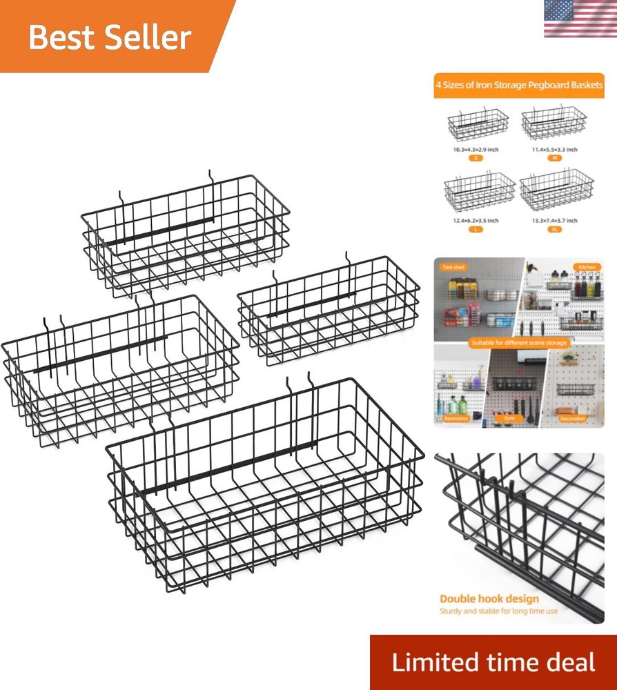 4 Pack Pegboard Baskets Hooks Set, Square Style 4 Size Peg Board Organizer Ba...