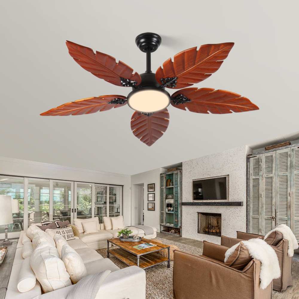 52" Palm Leaf Ceiling Fan w/ Light, Indoor/Outdoor, Reversible, Black+Bronze