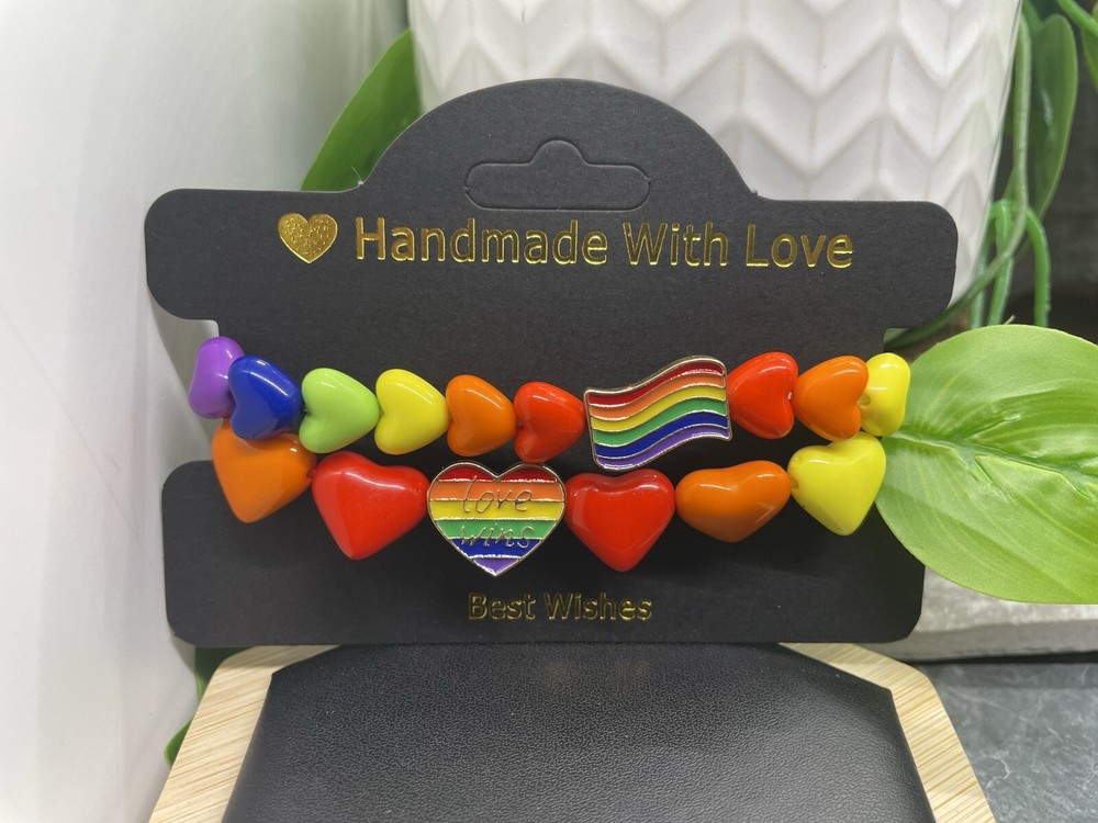 2 PC Handmade Rainbow Beaded Stackable 7” Plus Stretch Bracelet Set New B4862