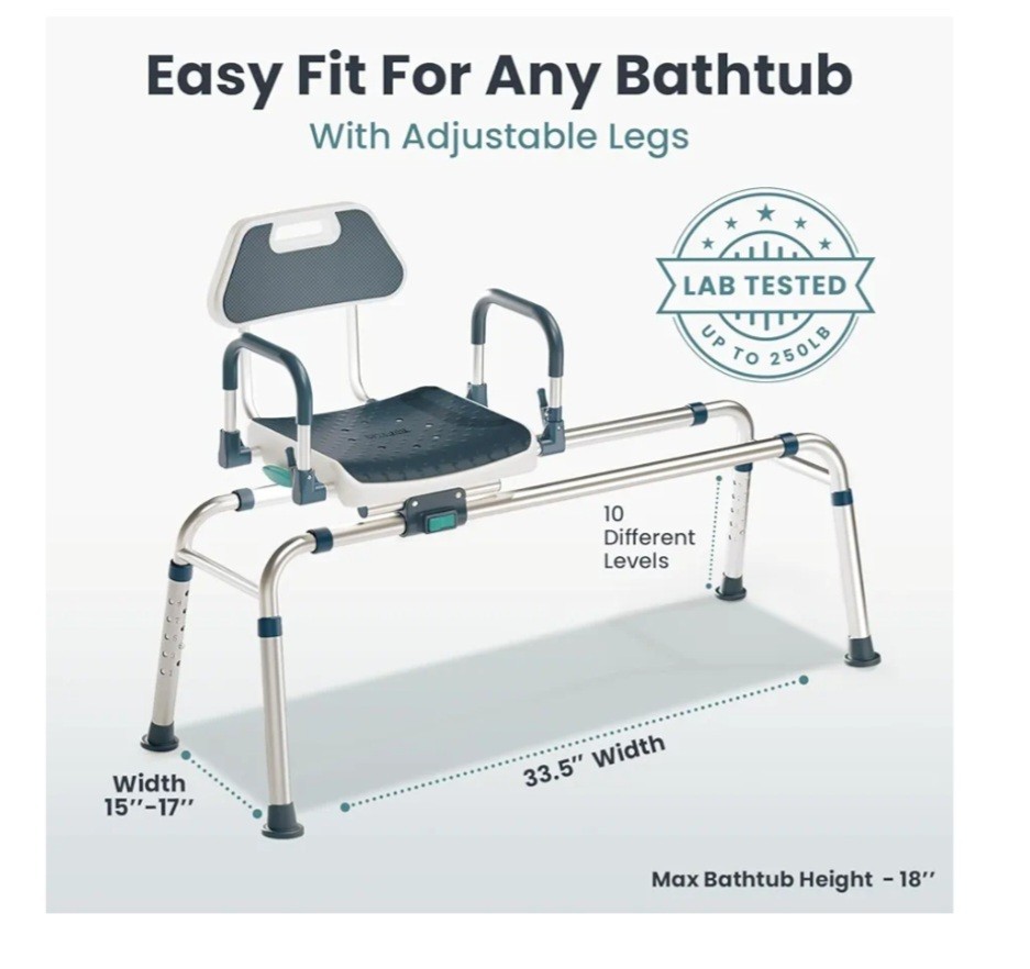 Sliding Shower Chair Tub Transfer Bench with Swivel Seat, Shower Bench, Blue