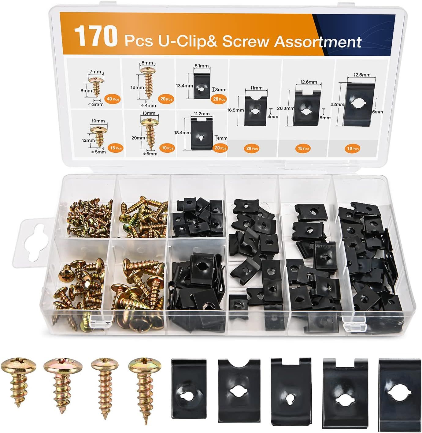 170Pcs Car U-Clip and Screw Assortment Kit 9 Different Sizes Automotive U Nut an