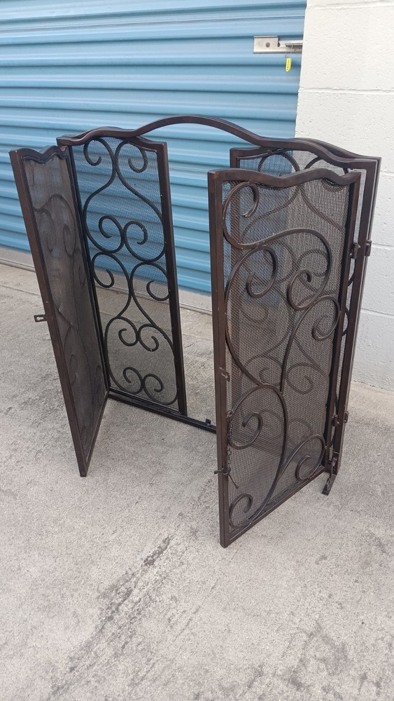 Modern 3 Panel Iron Folding Fireplace Screen with Doors, Black