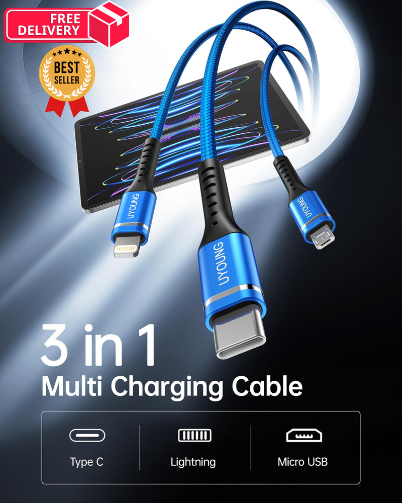Multi Charging Cable 2Pack 6FT, 3 in 1 Charger Braided Blue