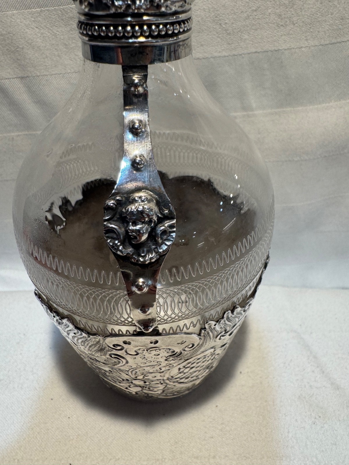 Antigue German 800 Silver Crescent & Crown Claret Jug Cut Glass Rococo c.1890