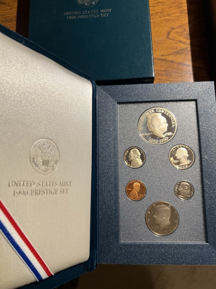 1990 US Mint Prestige Set Featuring Eisenhower Centennial 90% Silver Dollar COA