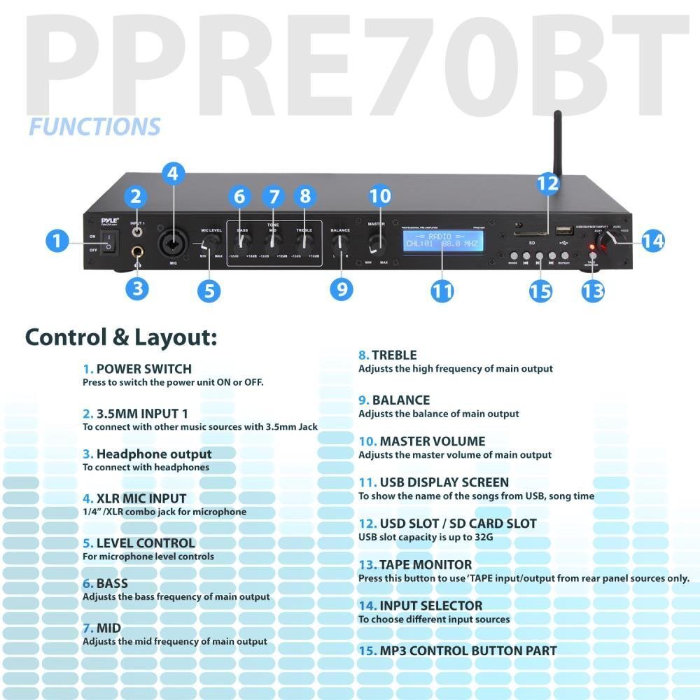 Pyle Pro Audio Bluetooth Preamplifier Receiver System-Digital Rack Mount