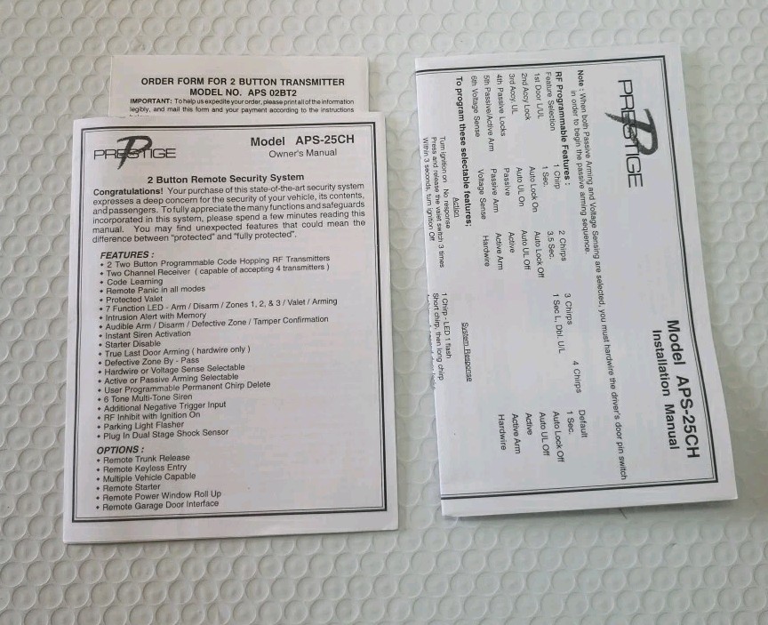 NEW PRESTIGE APS-25CH APS25CH REMOTE START MODULE, WIRING& PAPERWORK