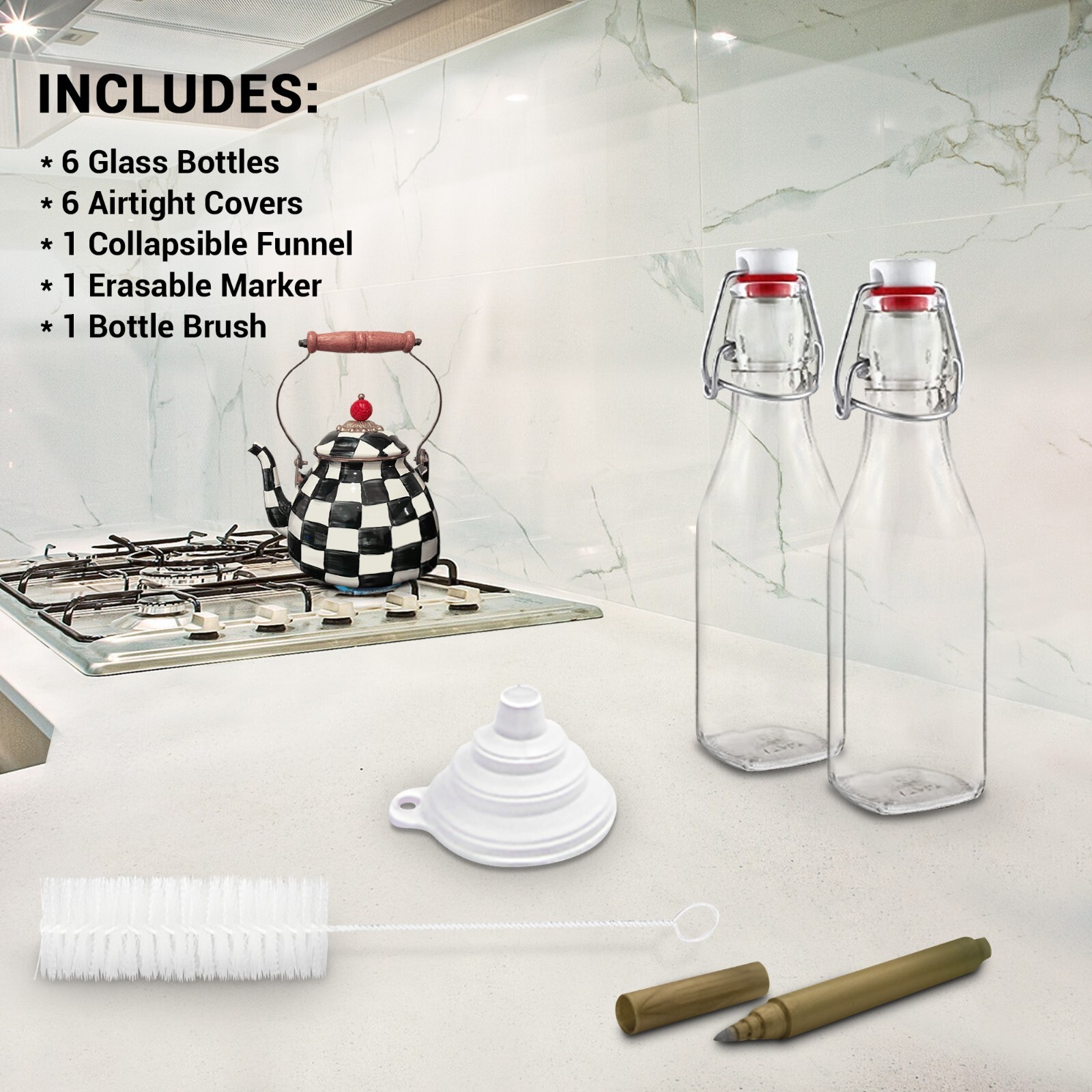 Nevlers 8.5 Oz. Airtight Glass Swing Top Bottles + Accessories (Pack of 6)