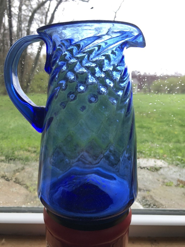 Large Cobalt Swirl Blown Glass Pitcher