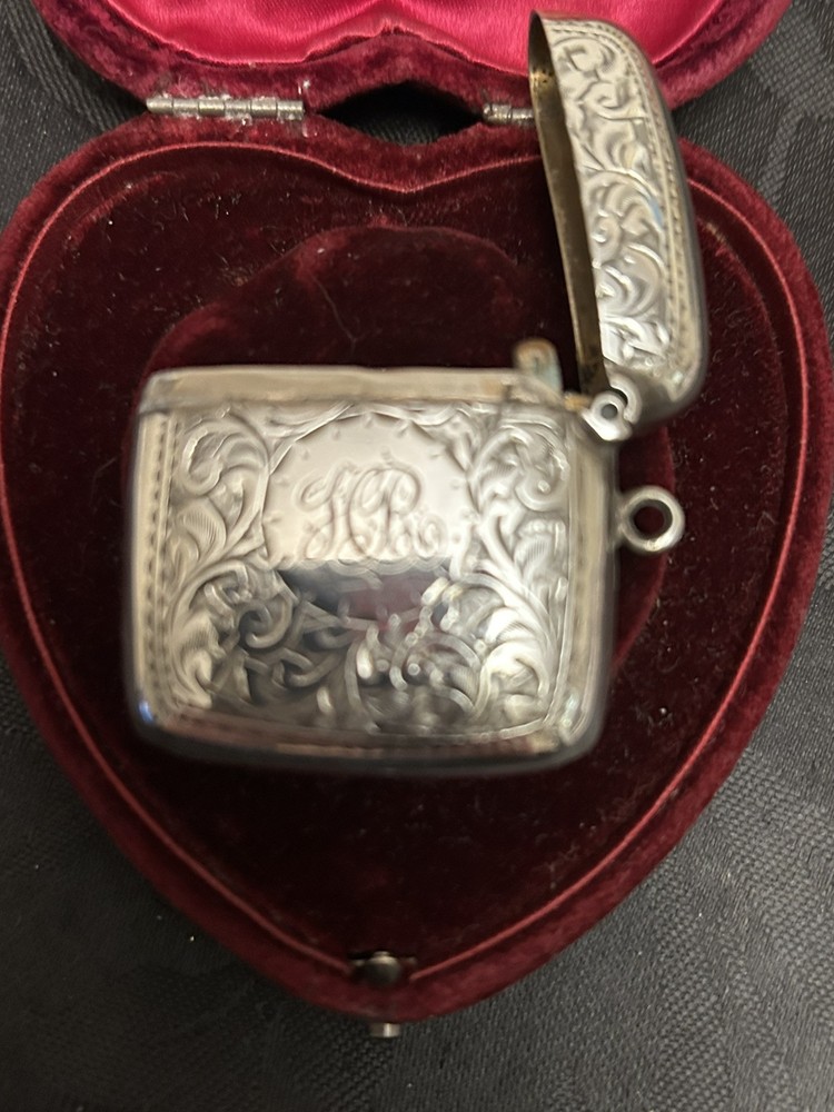 antique solid silver vesta box initials HR