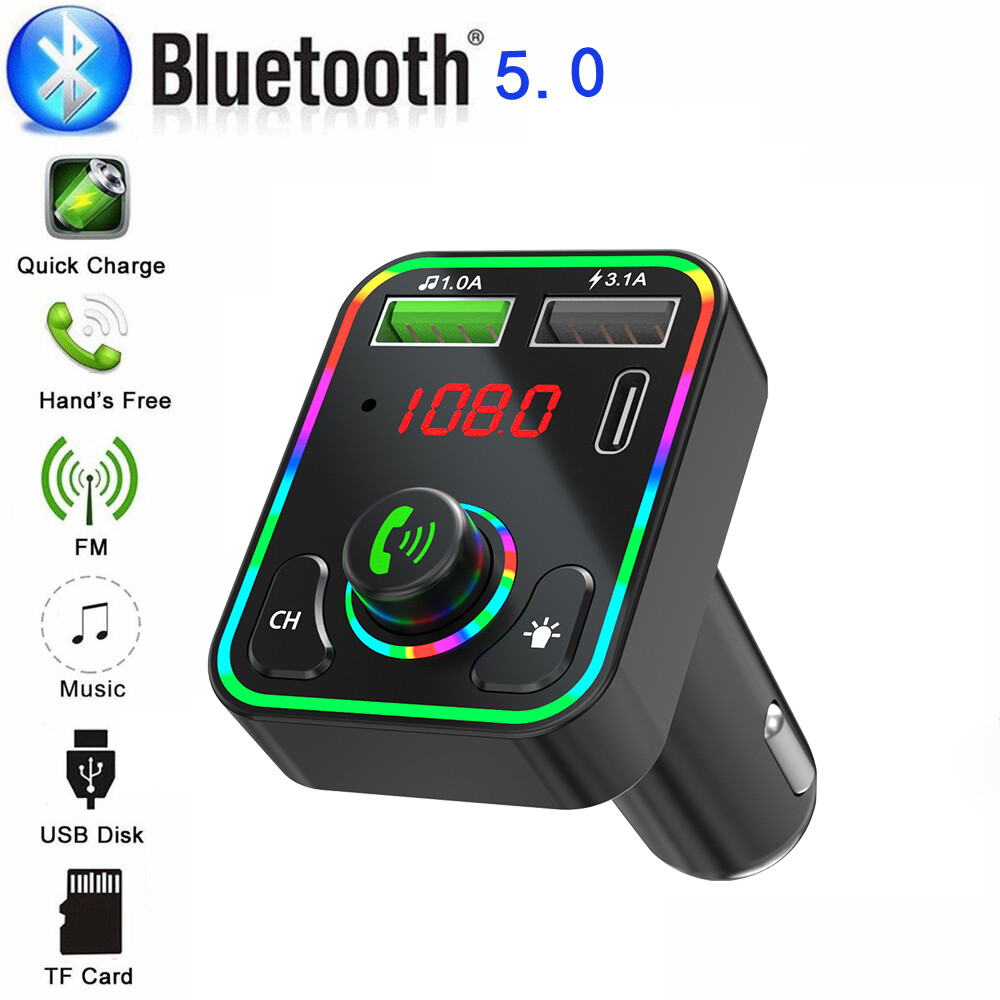 Bluetooth 5.0 Car Wireless FM Transmitter Adapter 2-USB PD Charger Colorful LED