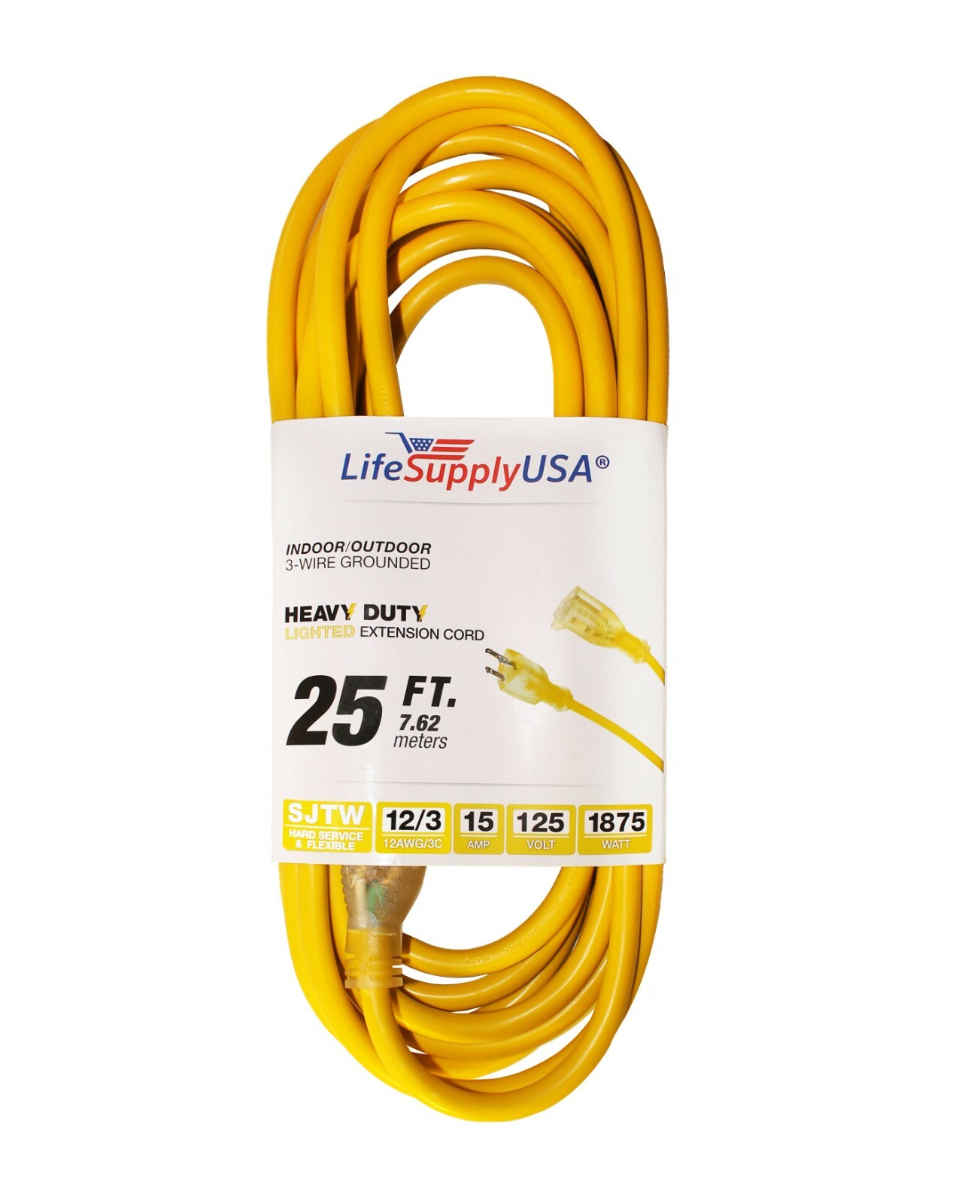 12/3 300V SJTW Lighted Extension Cord - 15 Amp - Sizes: 6 10 25 50 75 100 200 Ft