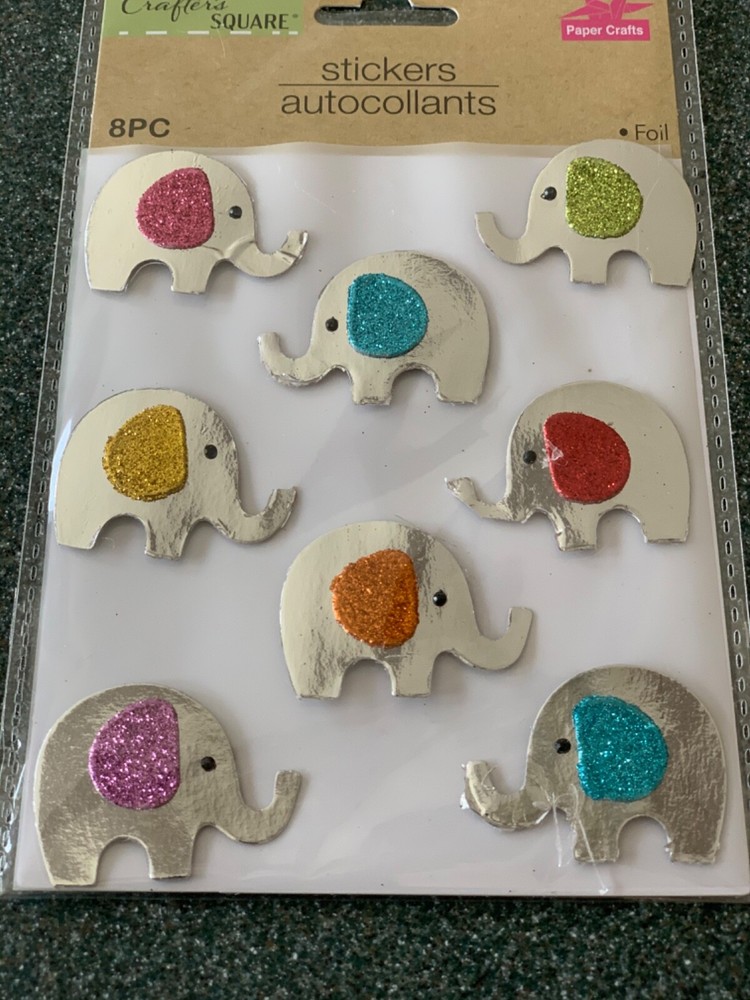ADHESIVE LARGE COLORFUL GLITTER ELEPHANTS 3D ELEPHANT 8pcs
