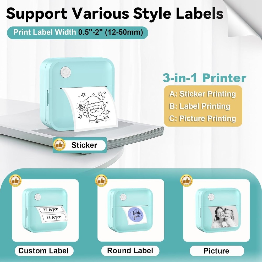 Mini Label Maker Machine with Tape, 2 Inch Bluetooth Themal Printer Inkless