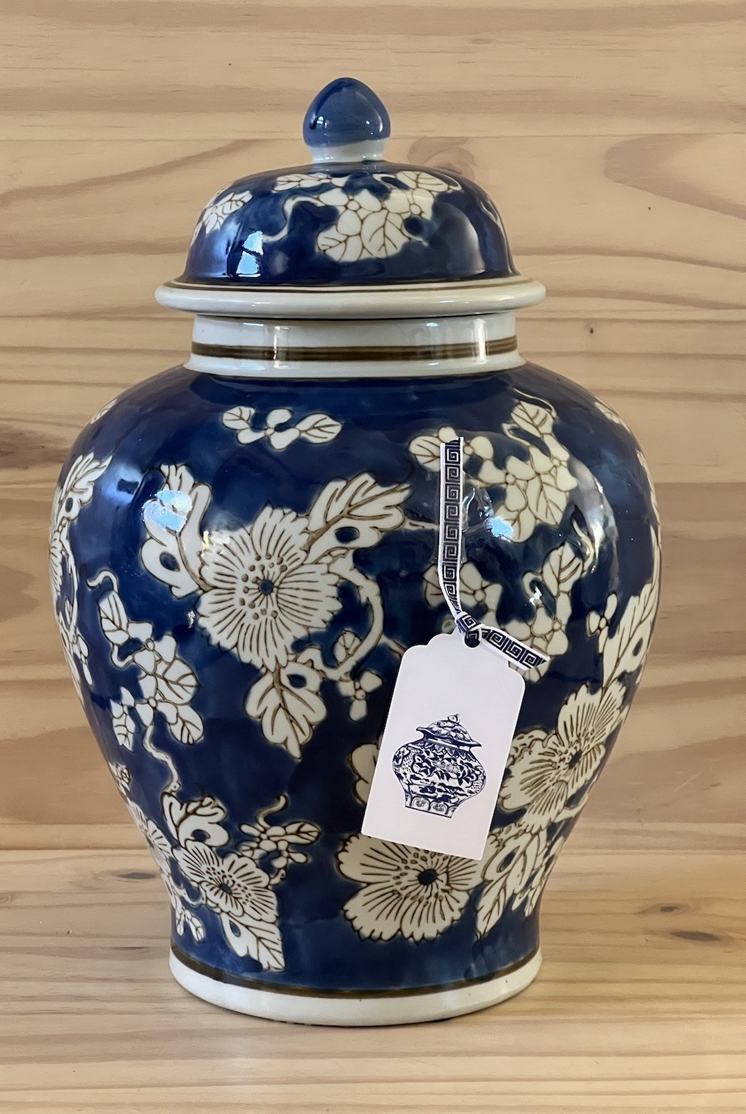 Galt International Blue and White Floral Chinoiserie Ginger Jar 12" w/Lid NEW