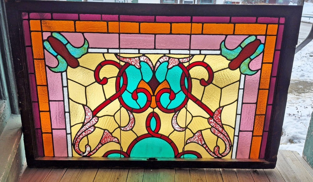 HUGE ANTIQUE STAINED GLASS DOUBLE HUNG WINDOW